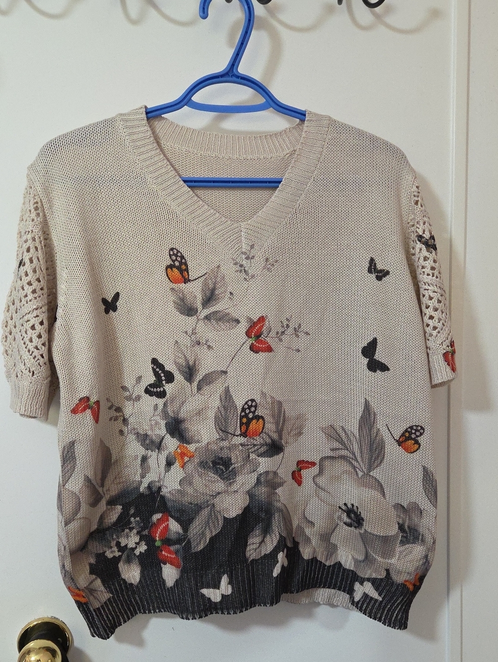 Beige Floral Butterfly V-Neck Sweater